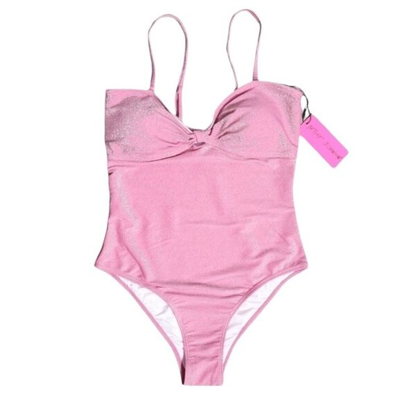 Betsey Johnson Barbie Pink Metallic Glitter Sweetheart Bow Keyhole Swimsuit - Picture 5 of 12